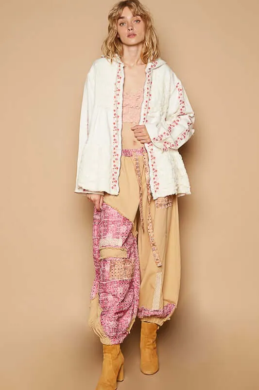 Embroidered Lace Patch Zip Up Jacket