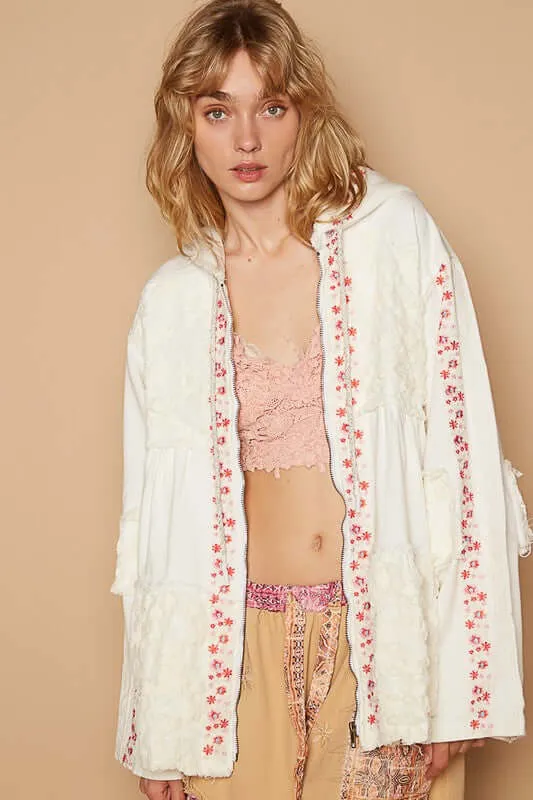 Embroidered Lace Patch Zip Up Jacket
