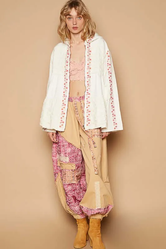 Embroidered Lace Patch Zip Up Jacket