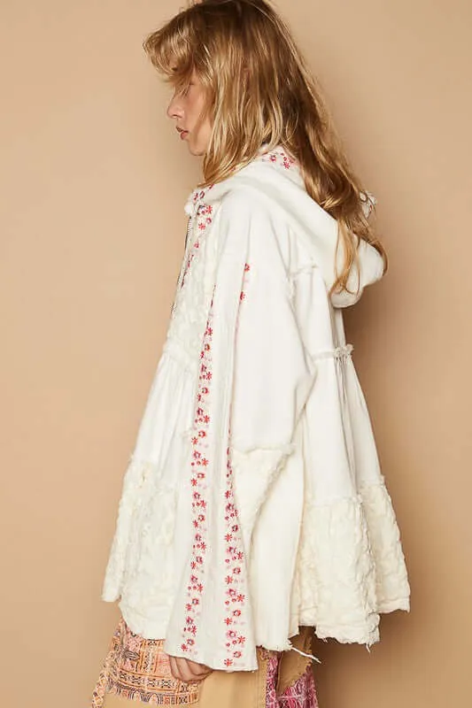 Embroidered Lace Patch Zip Up Jacket