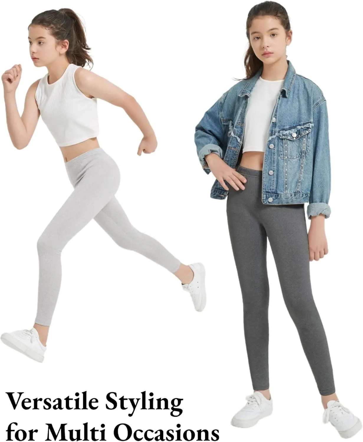 EXARUS Girls Leggings Skinny/Flare Yoga Pants Lightweight Flat/Crossover Waist Multipack Dance High Waisted Soft 6-14Y