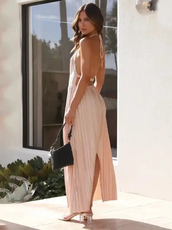 Fashionable Fresh Off-Shoulder Halterneck Strappy Personalized Backless Long Dress