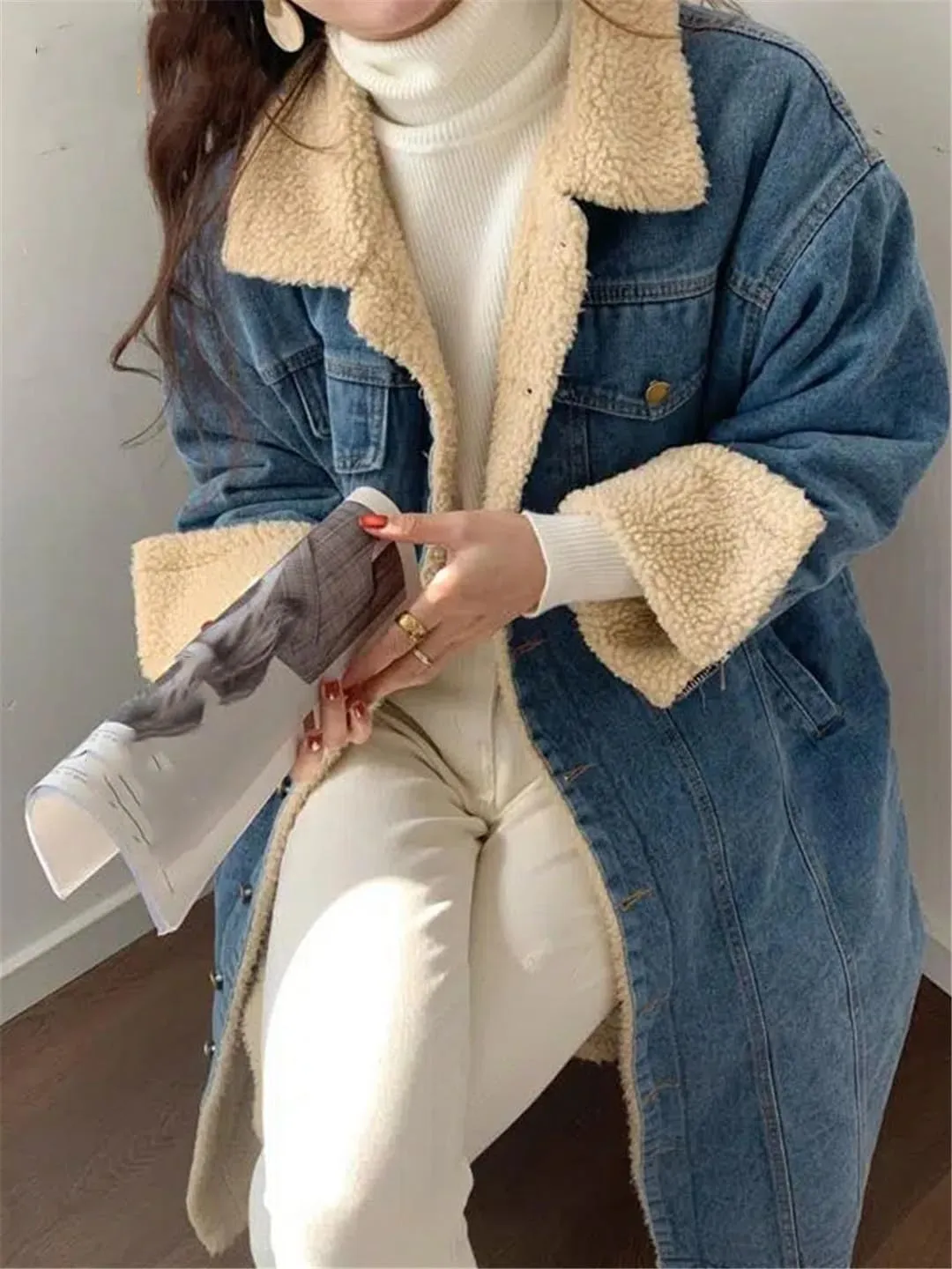 Fjnbbiot Long Fleece Denim Jacket For Women Thickened And Warm Autumn And Winter Fashion Coat Lapel Long Denim Jacket