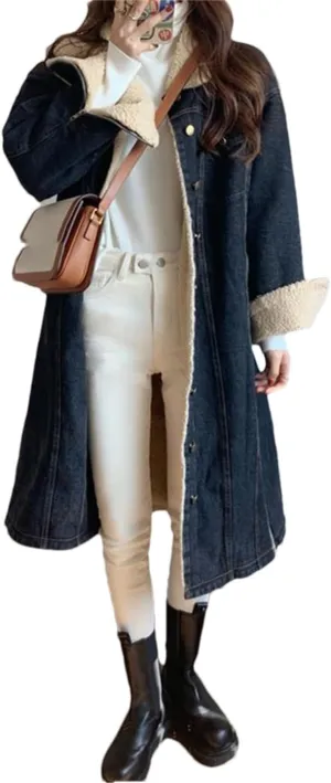Fjnbbiot Long Fleece Denim Jacket For Women Thickened And Warm Autumn And Winter Fashion Coat Lapel Long Denim Jacket