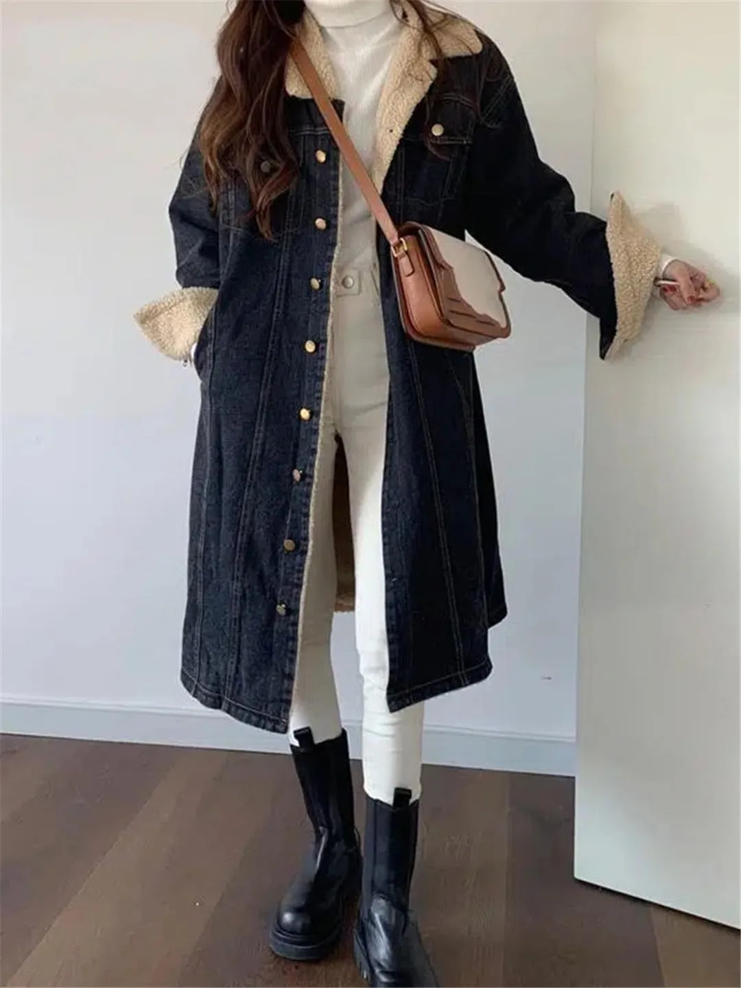 Fjnbbiot Long Fleece Denim Jacket For Women Thickened And Warm Autumn And Winter Fashion Coat Lapel Long Denim Jacket