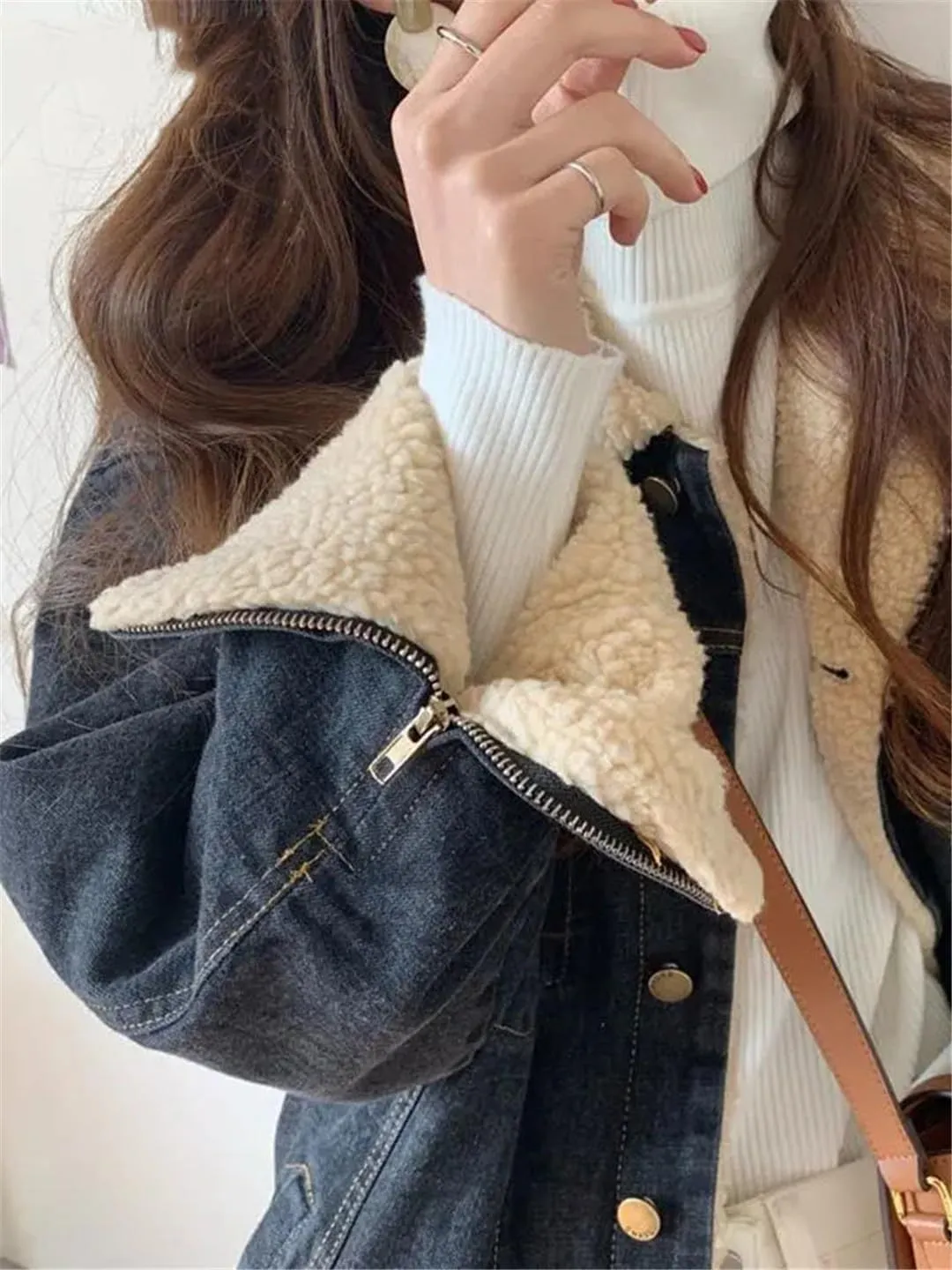Fjnbbiot Long Fleece Denim Jacket For Women Thickened And Warm Autumn And Winter Fashion Coat Lapel Long Denim Jacket