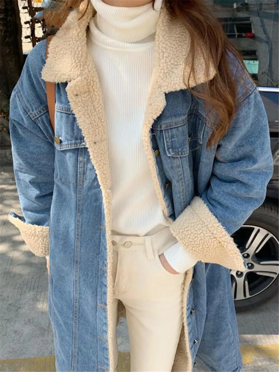 Fjnbbiot Long Fleece Denim Jacket For Women Thickened And Warm Autumn And Winter Fashion Coat Lapel Long Denim Jacket