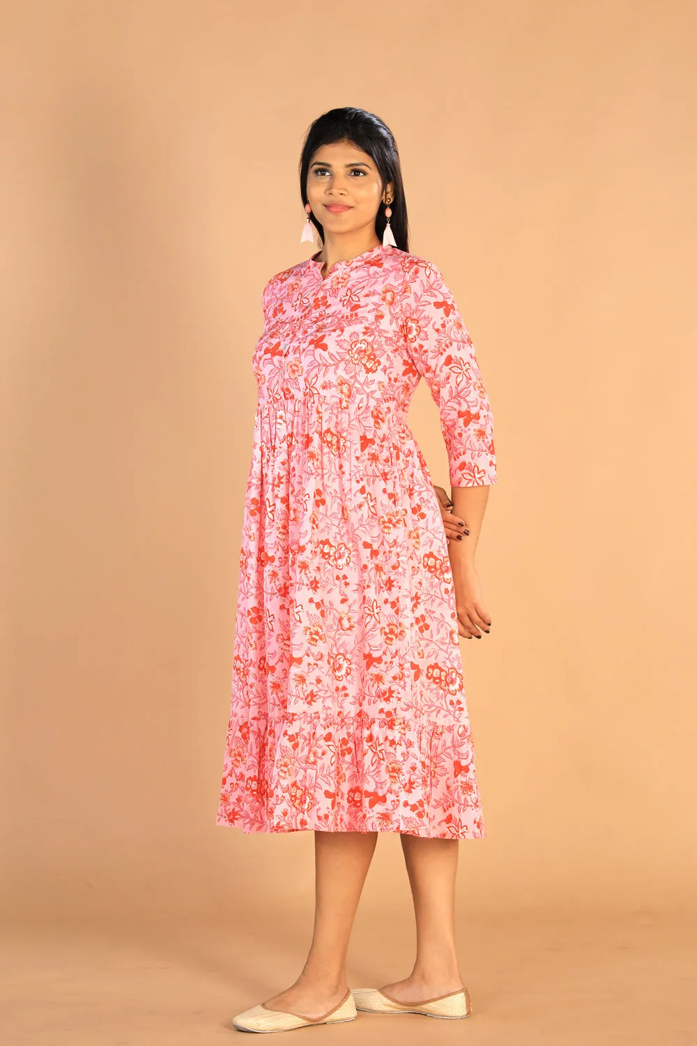 Floral Sanganeri hand block printed cotton dress