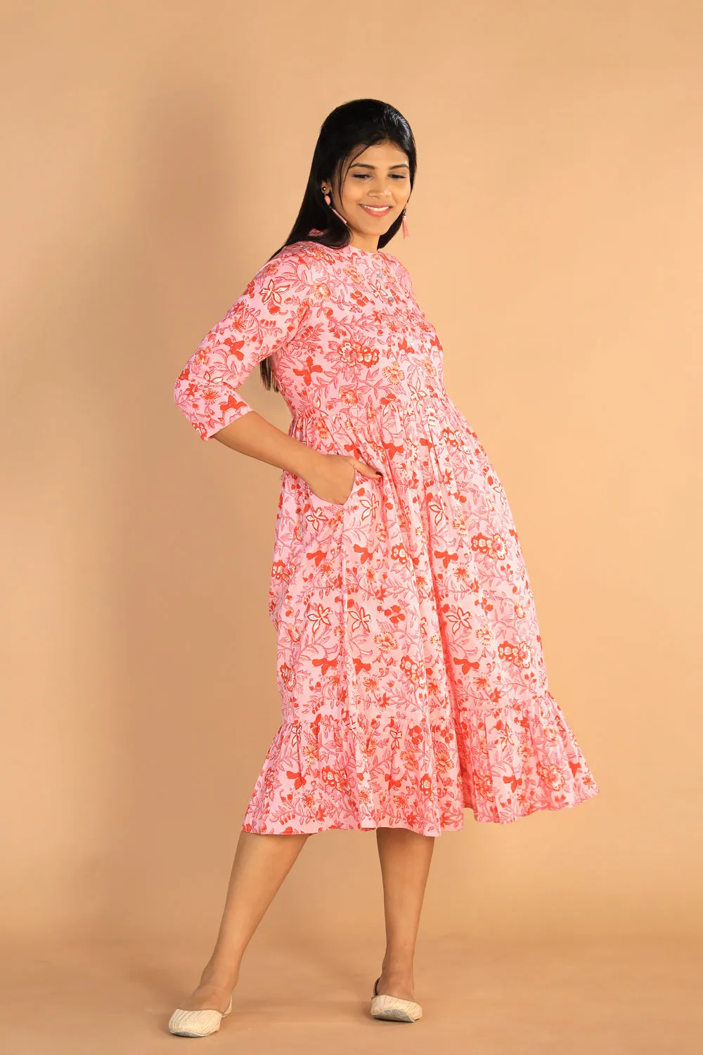 Floral Sanganeri hand block printed cotton dress