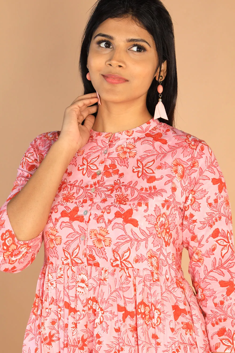 Floral Sanganeri hand block printed cotton dress