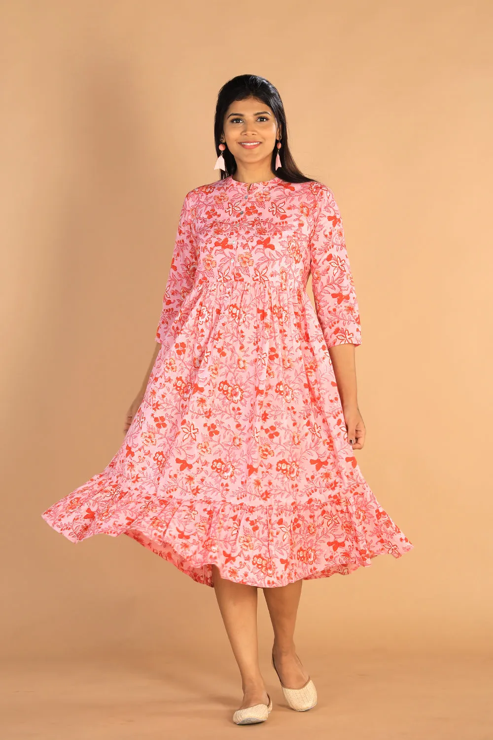 Floral Sanganeri hand block printed cotton dress