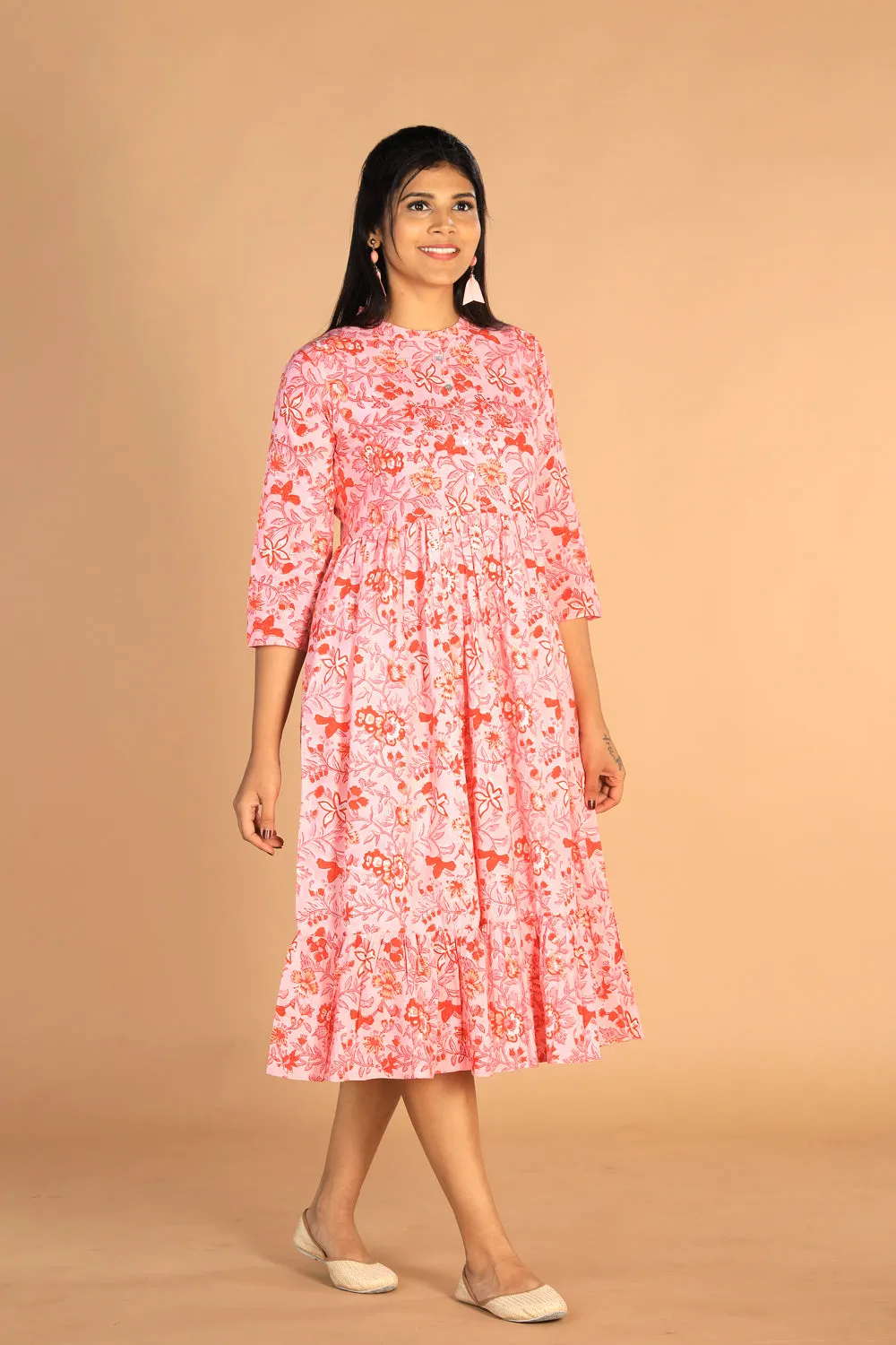 Floral Sanganeri hand block printed cotton dress