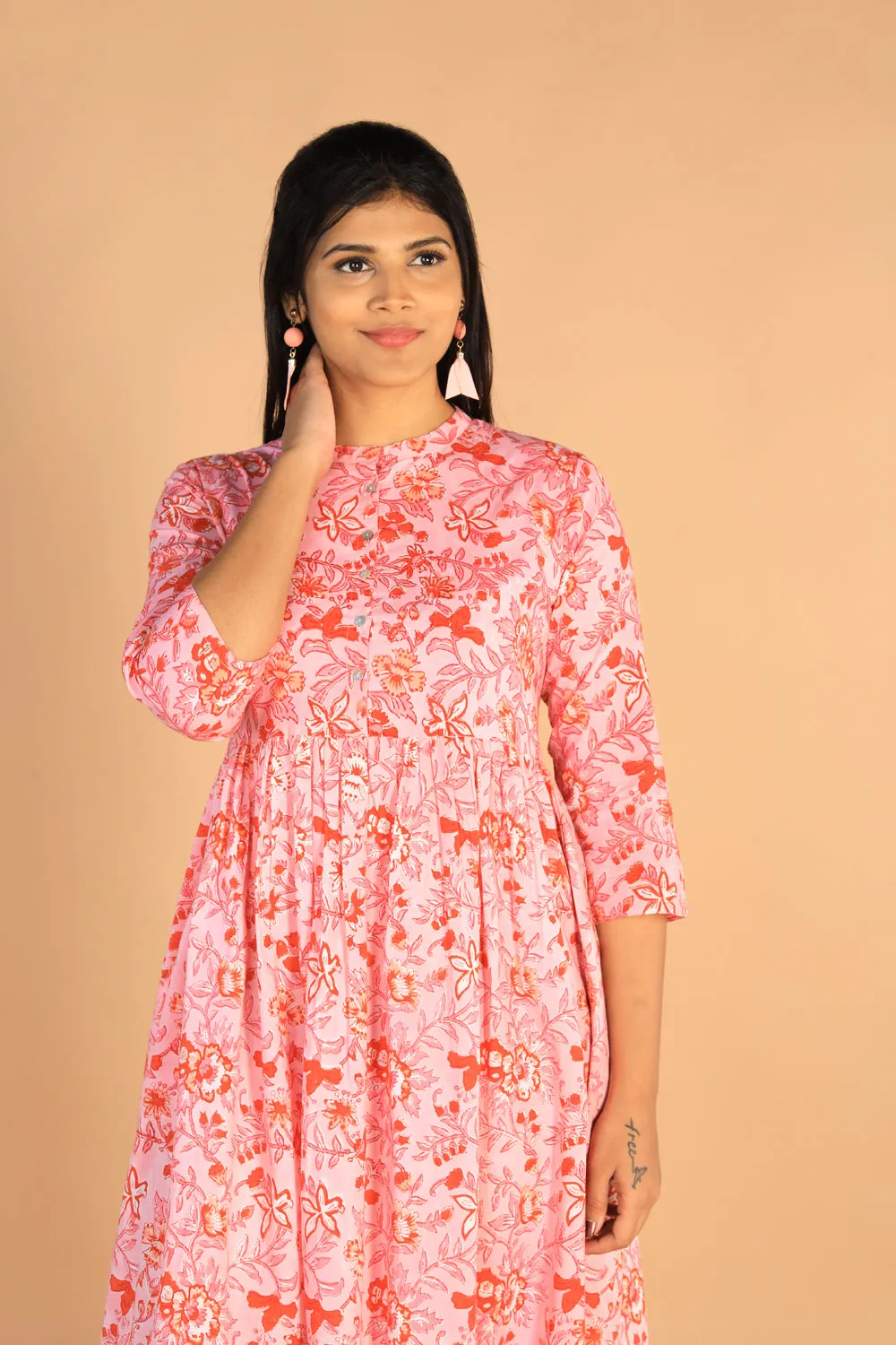 Floral Sanganeri hand block printed cotton dress