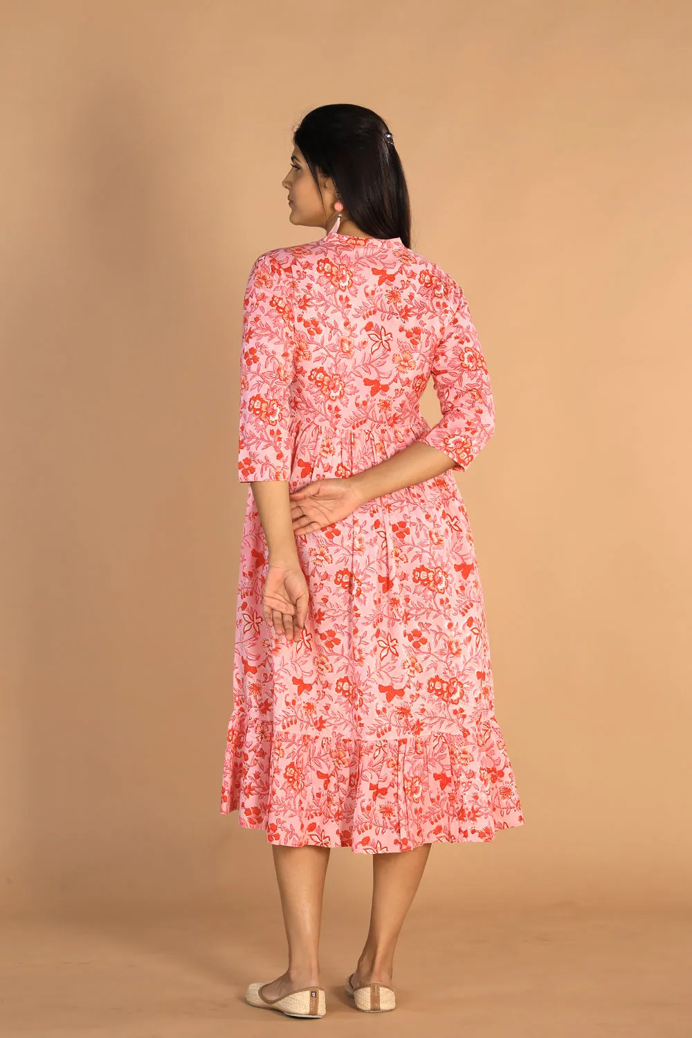 Floral Sanganeri hand block printed cotton dress