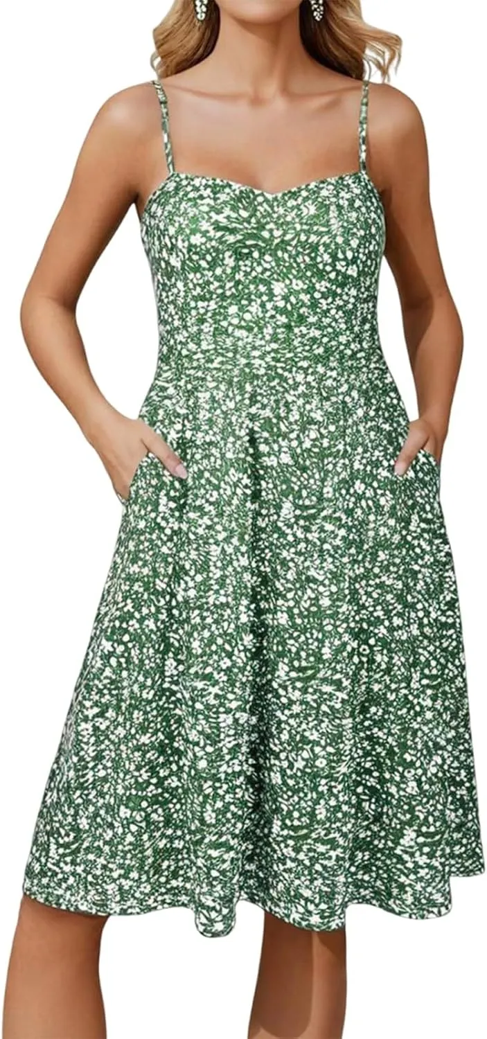 Floral Sundresses for Women 2025 Summer Midi Corset Boho Dresses Casual Spaghetti Straps Flowy Aline Vacation Beach Dress