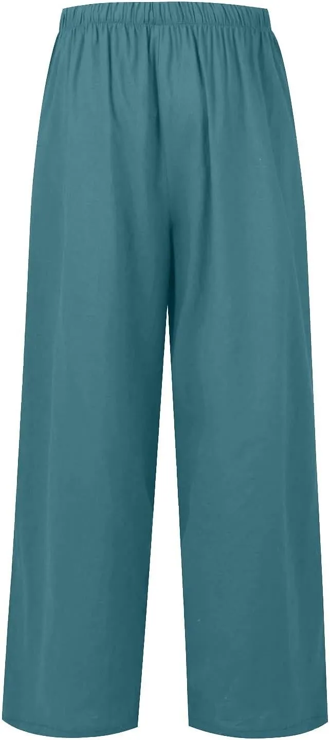 Flowy Linen Pants Women Summer Casual Loose Boho Beach Pants Drawstring High Waisted Palazzo Pants Beach Trousers