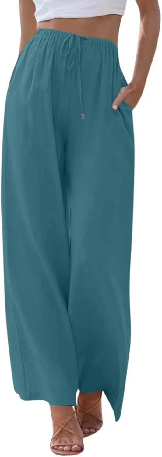 Flowy Linen Pants Women Summer Casual Loose Boho Beach Pants Drawstring High Waisted Palazzo Pants Beach Trousers