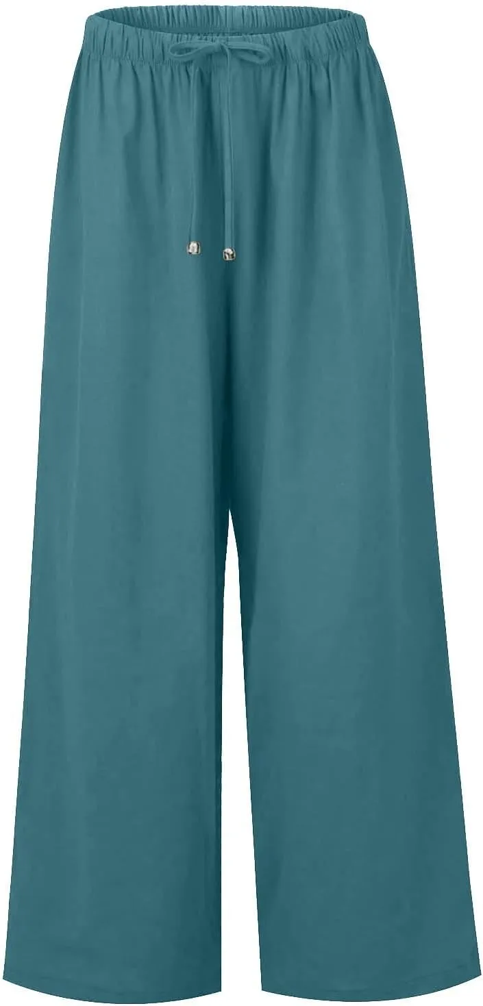 Flowy Linen Pants Women Summer Casual Loose Boho Beach Pants Drawstring High Waisted Palazzo Pants Beach Trousers