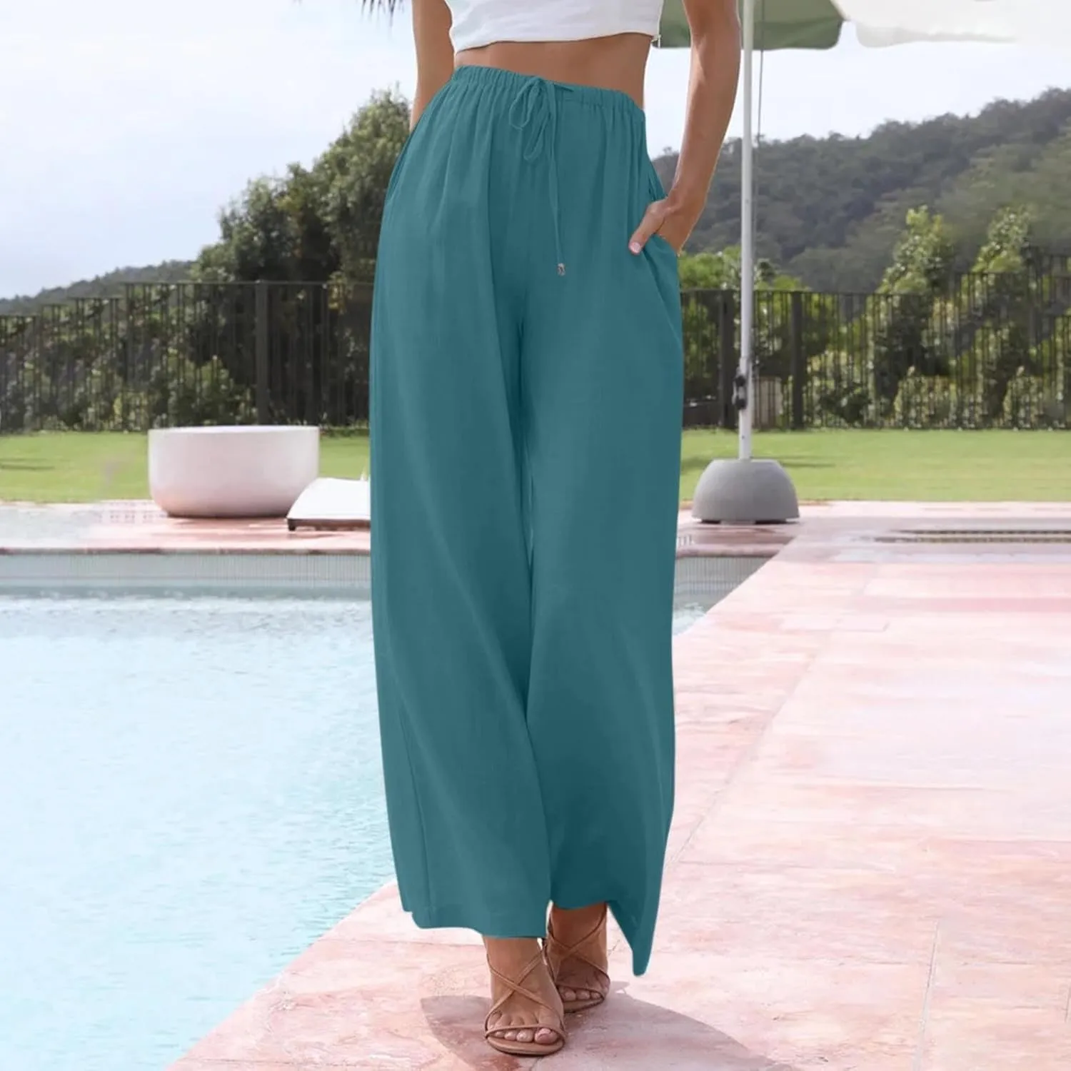 Flowy Linen Pants Women Summer Casual Loose Boho Beach Pants Drawstring High Waisted Palazzo Pants Beach Trousers