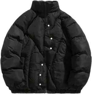 Fnfmrfmr Men Solid Cotton Padded Jacket Long Sleeve Stand Collar Zipper Button Warm Casual Coat