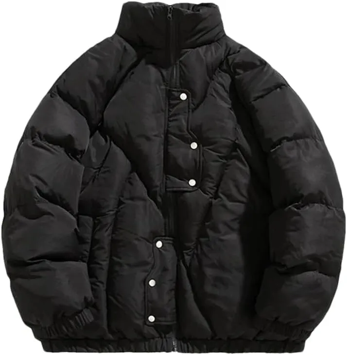 Fnfmrfmr Men Solid Cotton Padded Jacket Long Sleeve Stand Collar Zipper Button Warm Casual Coat