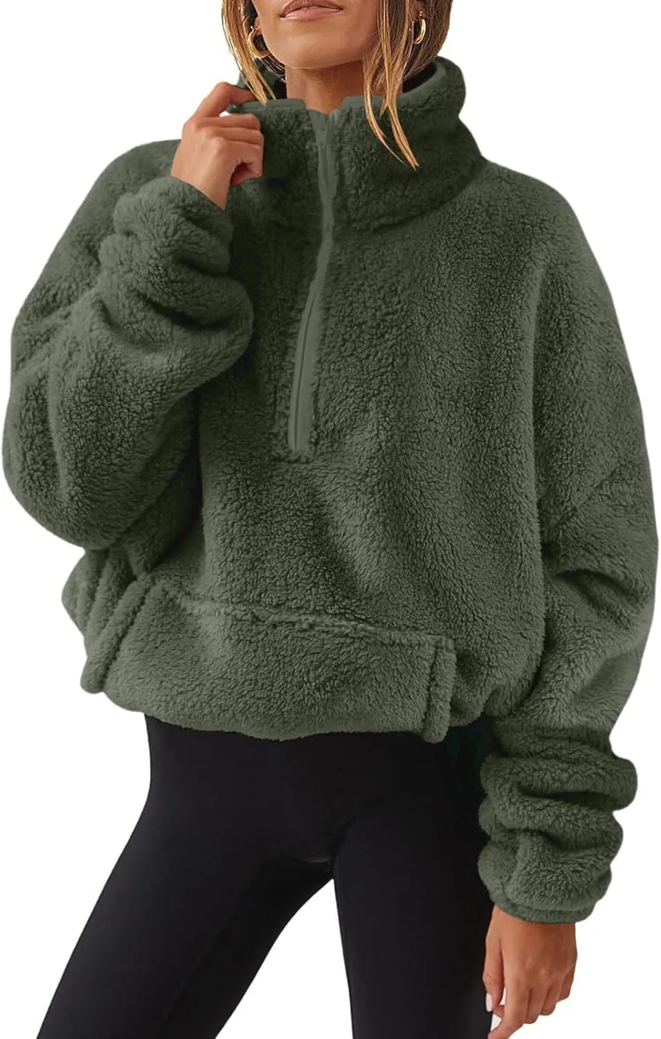 Fuzzy Fleece Sweatshirt For Women Casual Loose Half Zip Up Sherpa Pullover Sweater Warm Fall Winter Outfits