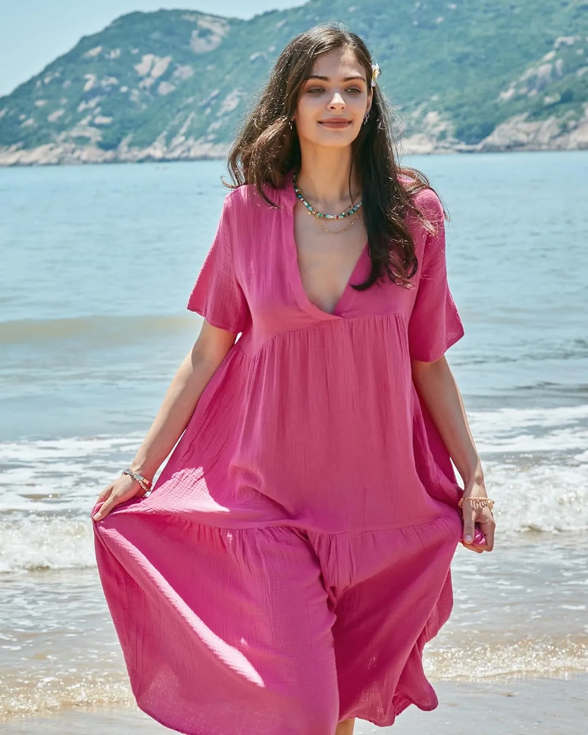 Gacaky Summer Dress for Women Casual Short Sleeve Deep V Neck Sundress Flowy Loose Beach Long Dress