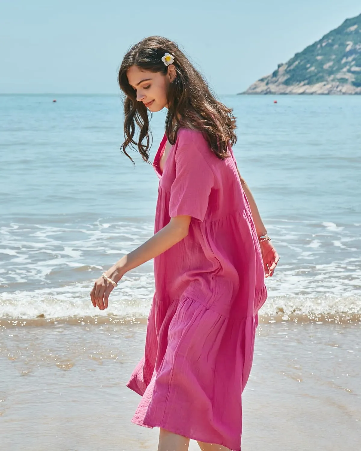 Gacaky Summer Dress for Women Casual Short Sleeve Deep V Neck Sundress Flowy Loose Beach Long Dress