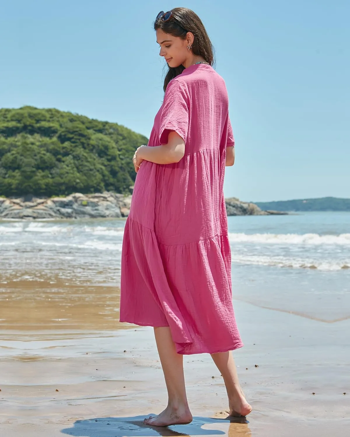 Gacaky Summer Dress for Women Casual Short Sleeve Deep V Neck Sundress Flowy Loose Beach Long Dress