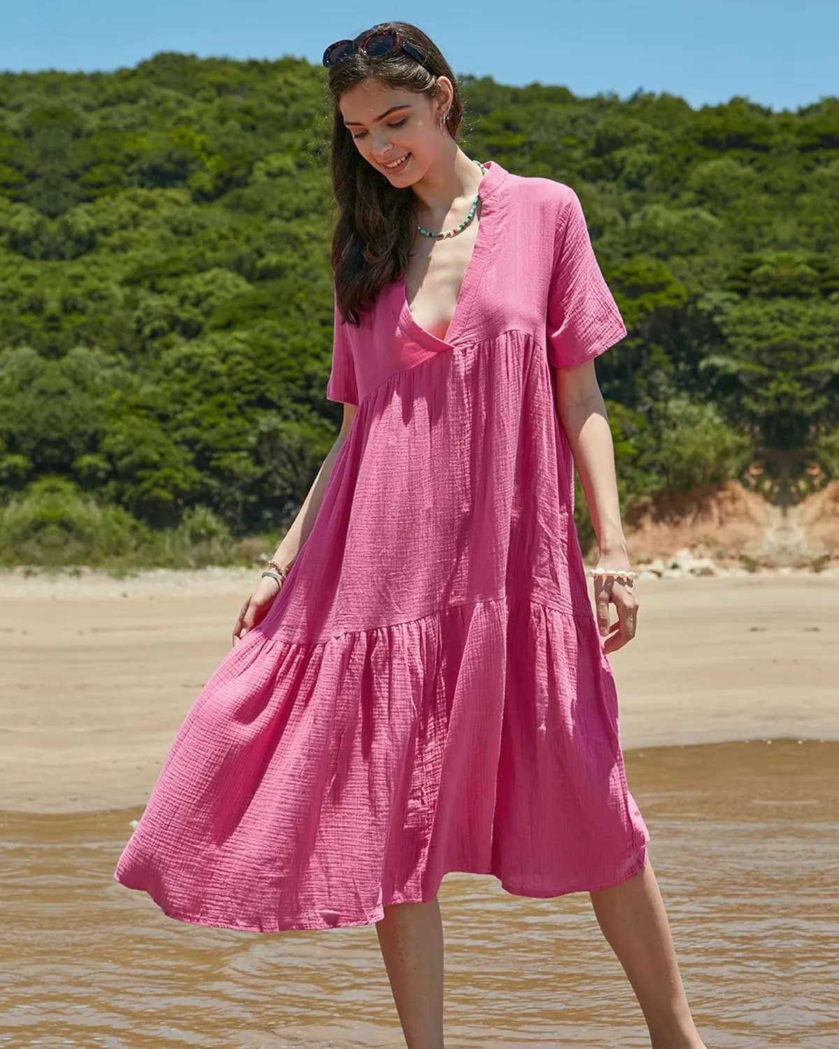 Gacaky Summer Dress for Women Casual Short Sleeve Deep V Neck Sundress Flowy Loose Beach Long Dress