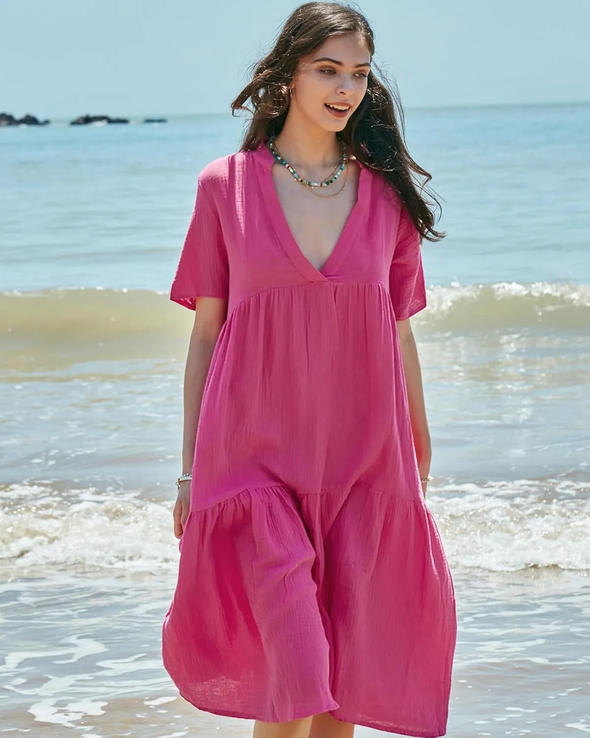 Gacaky Summer Dress for Women Casual Short Sleeve Deep V Neck Sundress Flowy Loose Beach Long Dress