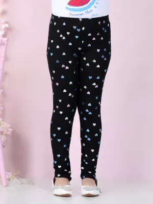 Girls Black Cotton Lycra Heart Foil Printed Leggings