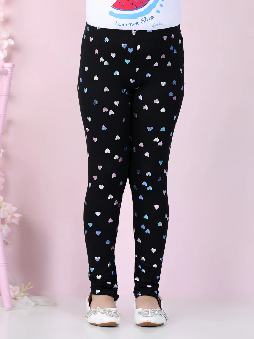 Girls Black Cotton Lycra Heart Foil Printed Leggings
