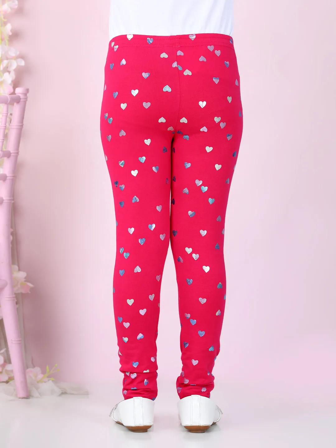 Girls Pink Cotton Lycra Heart Foil Printed Leggings