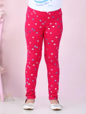 Girls Pink Cotton Lycra Heart Foil Printed Leggings