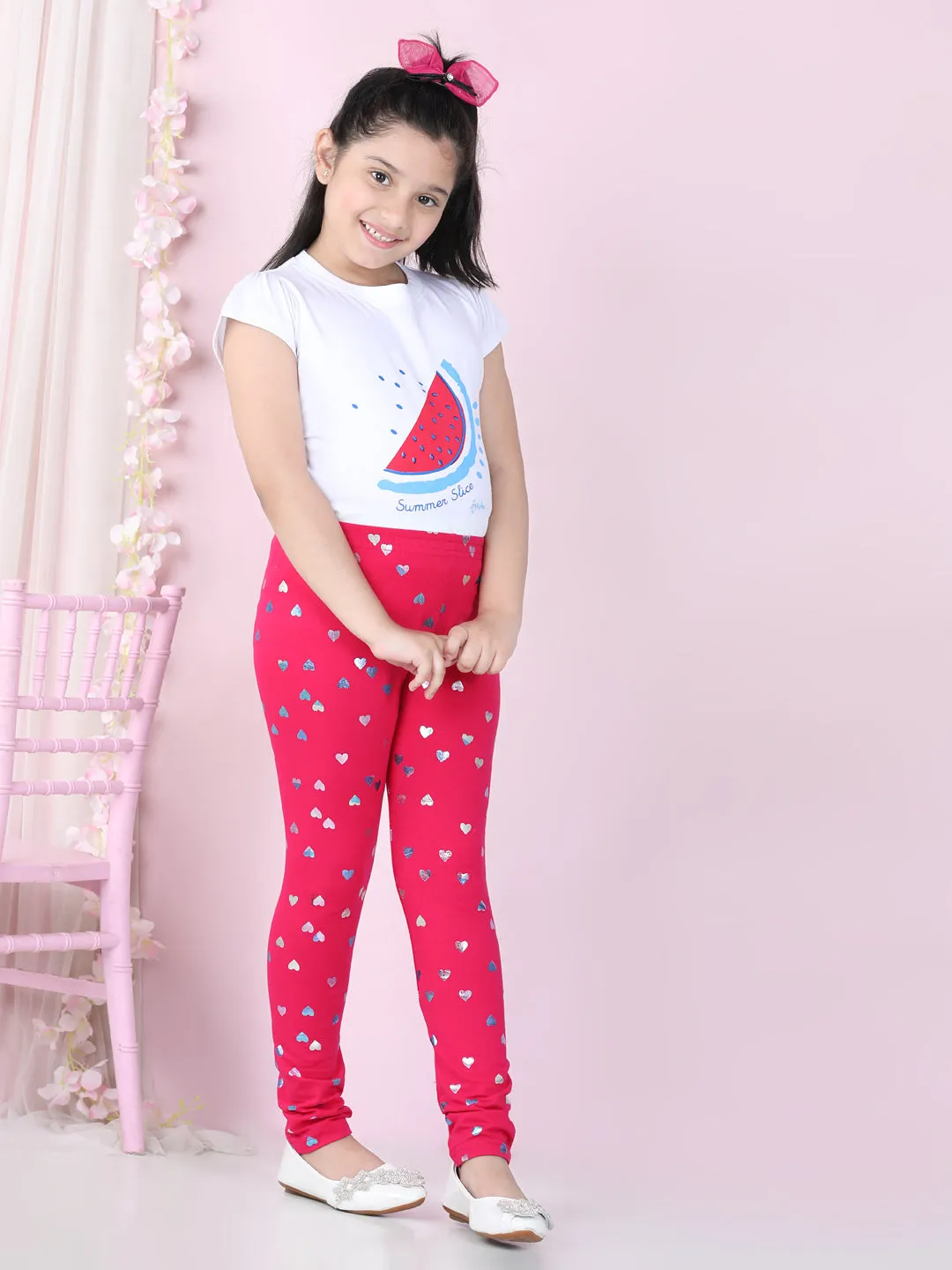 Girls Pink Cotton Lycra Heart Foil Printed Leggings