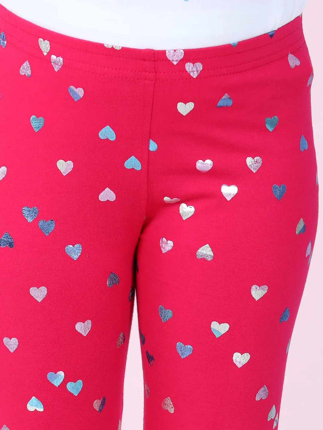 Girls Pink Cotton Lycra Heart Foil Printed Leggings