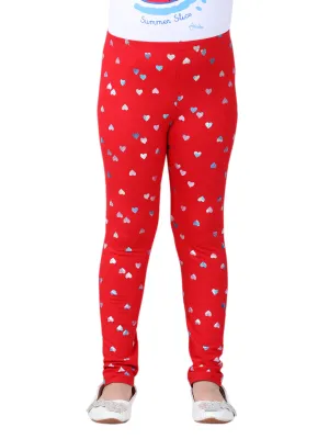 Girls Red Cotton Lycra Heart Foil Printed Leggings
