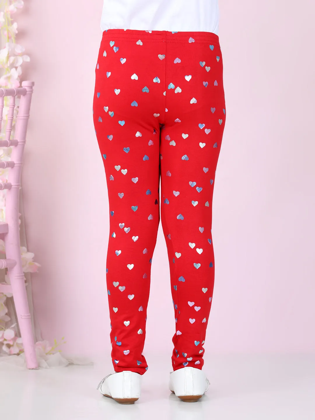 Girls Red Cotton Lycra Heart Foil Printed Leggings
