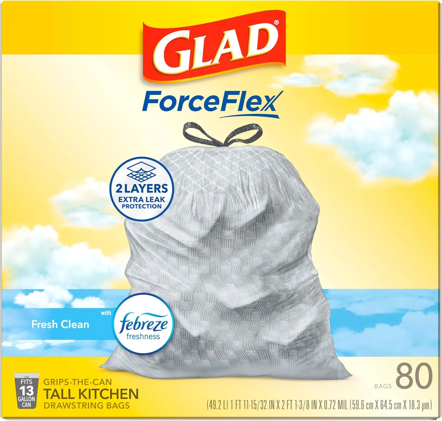 Glad ForceFlex Drawstring Trash Bags, 13 Gallon, Fresh Clean, 80 Count (Package May Vary)