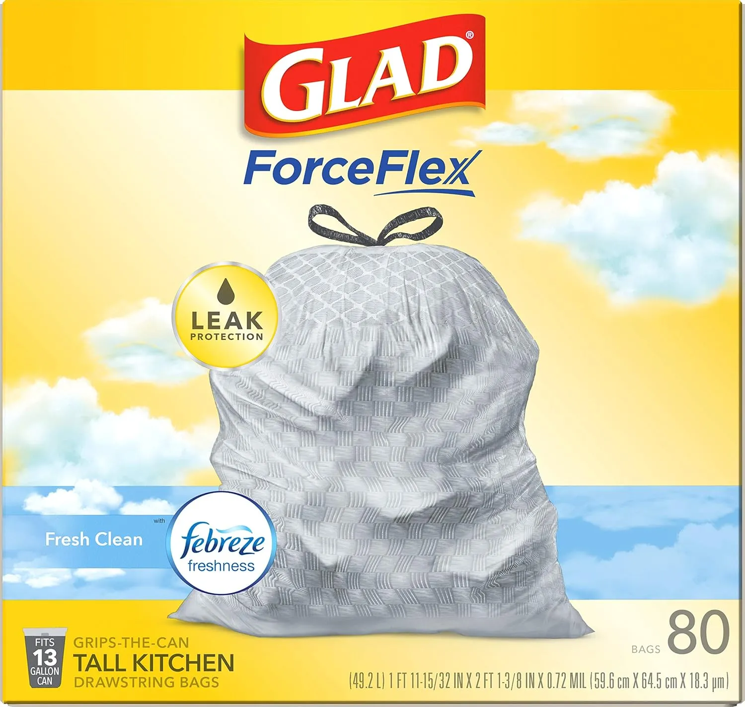 Glad ForceFlex Drawstring Trash Bags, 13 Gallon, Fresh Clean, 80 Count (Package May Vary)