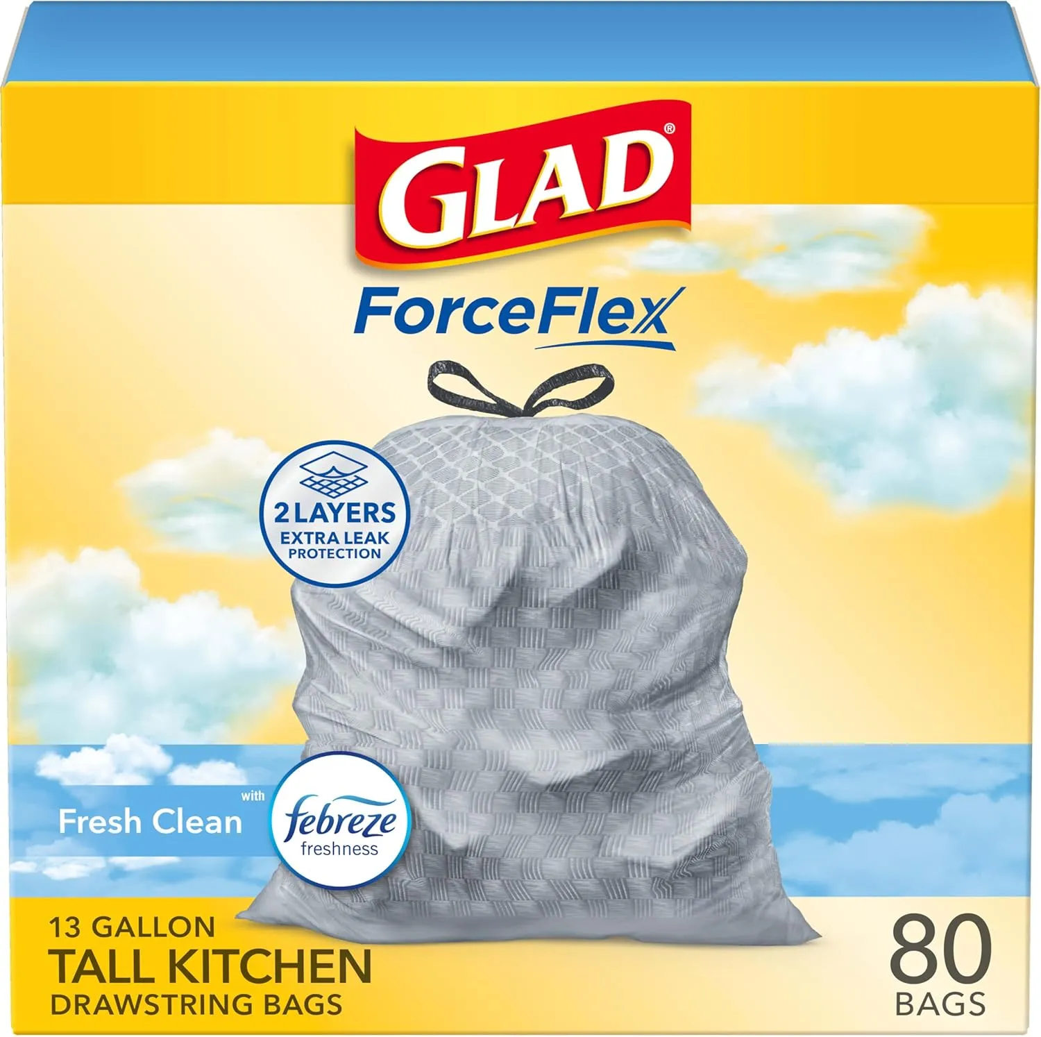 Glad ForceFlex Drawstring Trash Bags, 13 Gallon, Fresh Clean, 80 Count (Package May Vary)