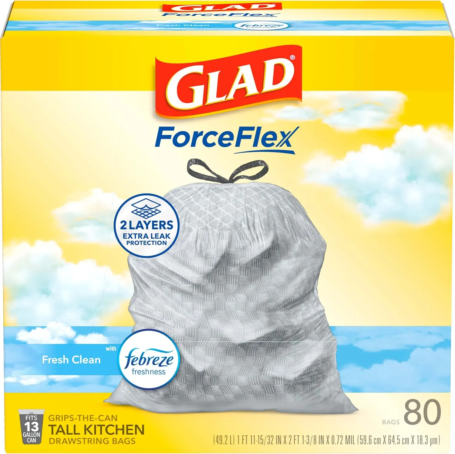 Glad ForceFlex Drawstring Trash Bags, 13 Gallon, Fresh Clean, 80 Count (Package May Vary)