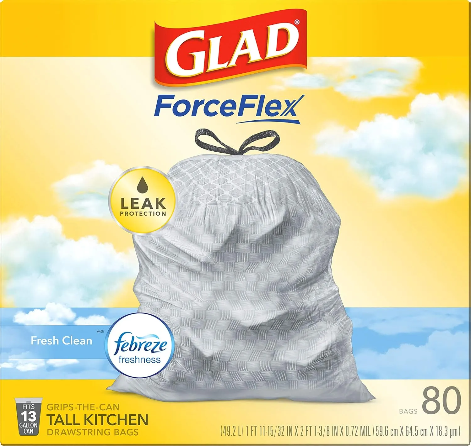 Glad ForceFlex Drawstring Trash Bags, 13 Gallon, Fresh Clean, 80 Count (Package May Vary)