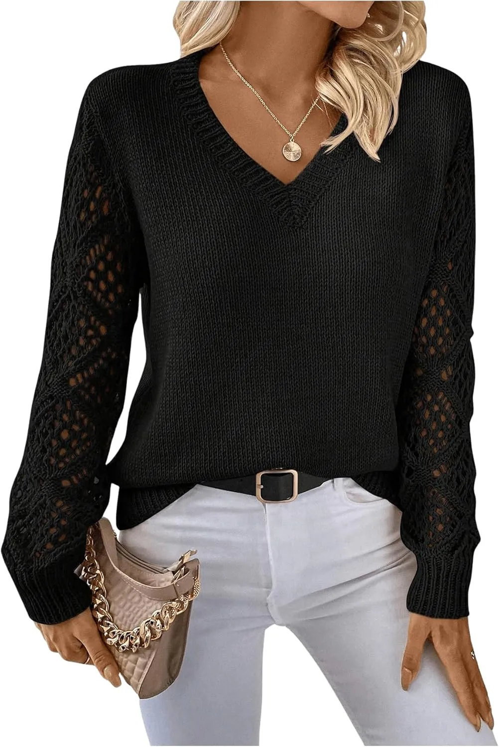 GORGLITTER Women's Hollow Out Sweater V Neck Long Sleeve Knit Pullover Top Fall Fashion Fall Fashion
