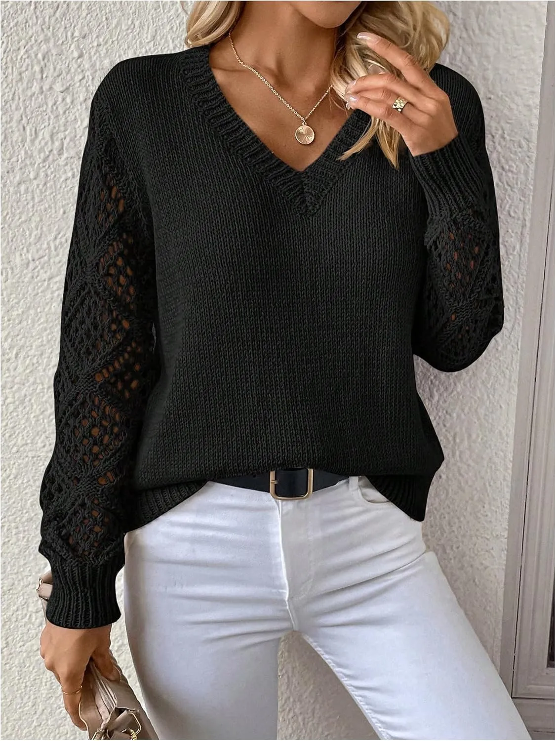GORGLITTER Women's Hollow Out Sweater V Neck Long Sleeve Knit Pullover Top Fall Fashion Fall Fashion