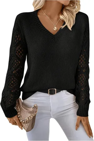 GORGLITTER Women's Hollow Out Sweater V Neck Long Sleeve Knit Pullover Top Fall Fashion Fall Fashion
