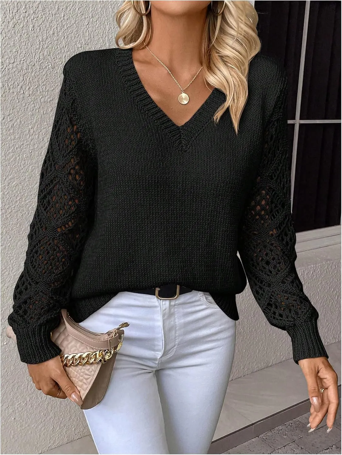 GORGLITTER Women's Hollow Out Sweater V Neck Long Sleeve Knit Pullover Top Fall Fashion Fall Fashion