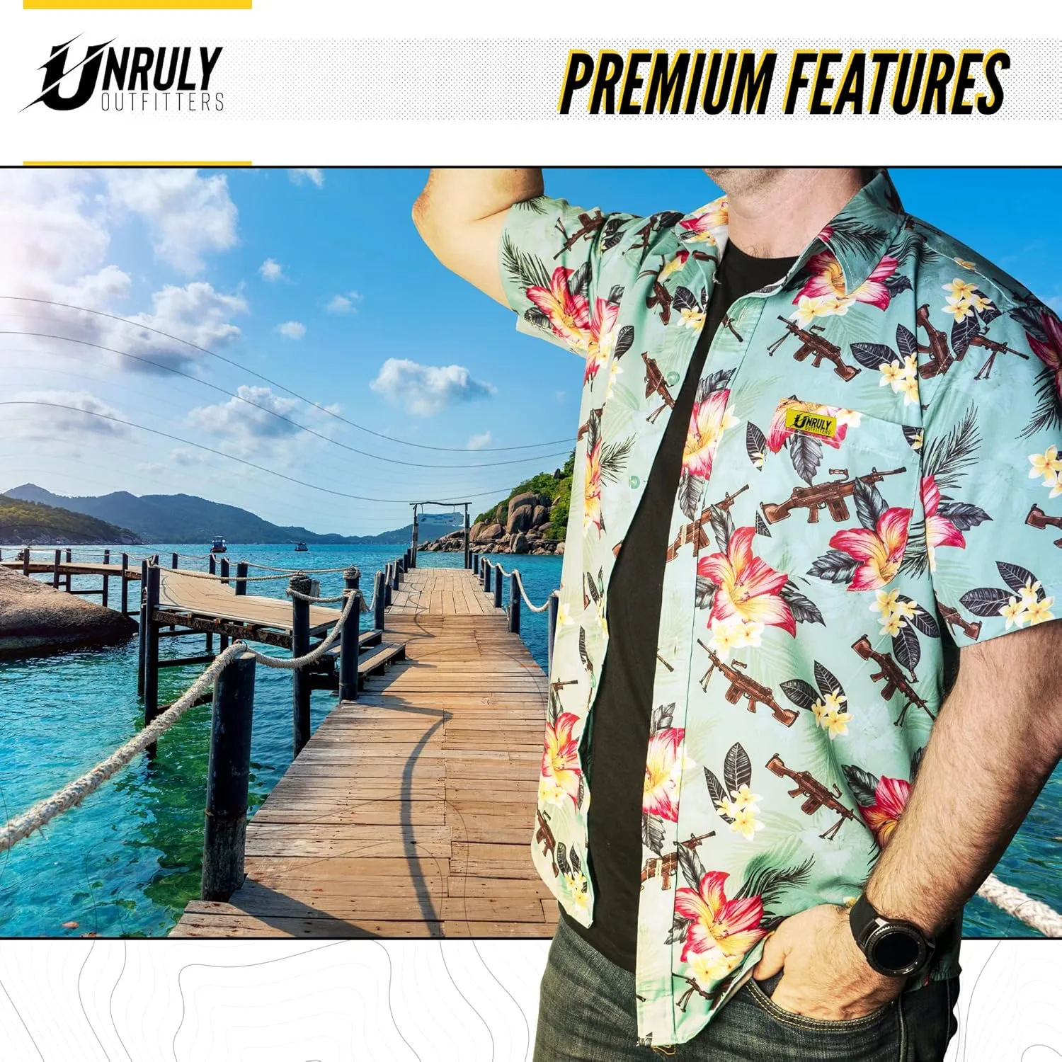 Hawaiian Shirt for Men Green M249 Button Down Shirts Men Novelty Funny Flower Weapons Shirts with Guns