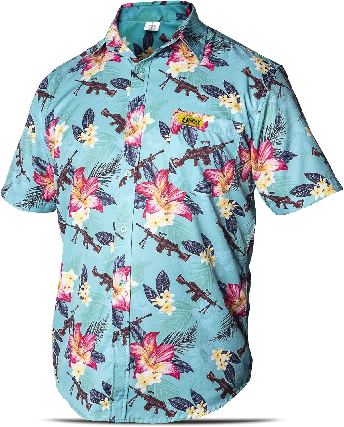 Hawaiian Shirt for Men Green M249 Button Down Shirts Men Novelty Funny Flower Weapons Shirts with Guns